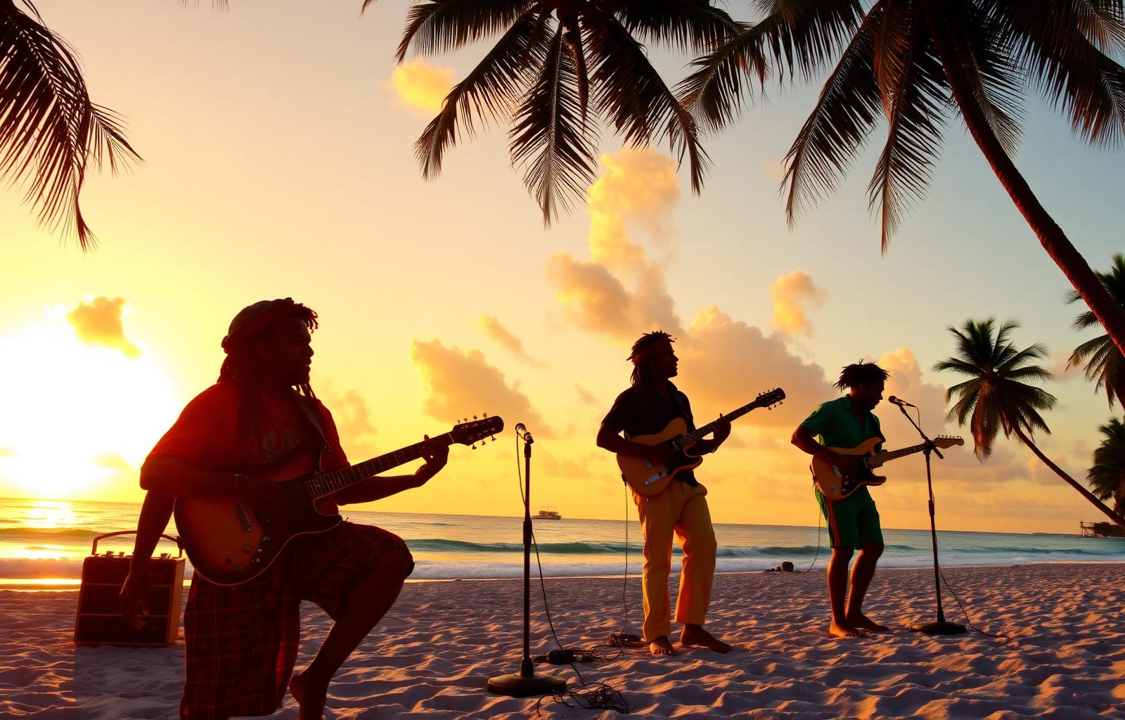 Reggae musicians playing on a tropical beach at sunset